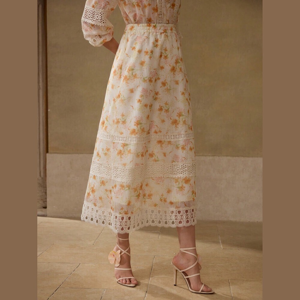 Cream Floral Lace Trim Midi Skirt with Crochet Hem